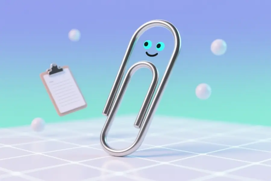 A huge metallic paperclip shaped like the classic Clippy assistant with a floating clipboard.