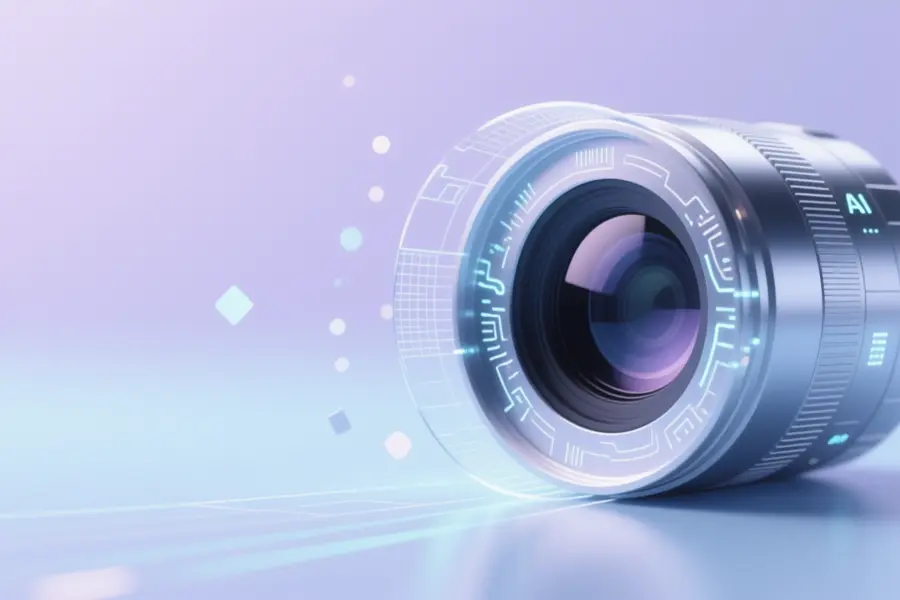 A large digital camera lens resting on the right side of the frame with polished translucent glass and brushed metal.