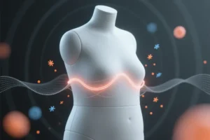 A large featureless chubby white mannequin torso with continuous glowing thread in soft coral and warm grey weaves.