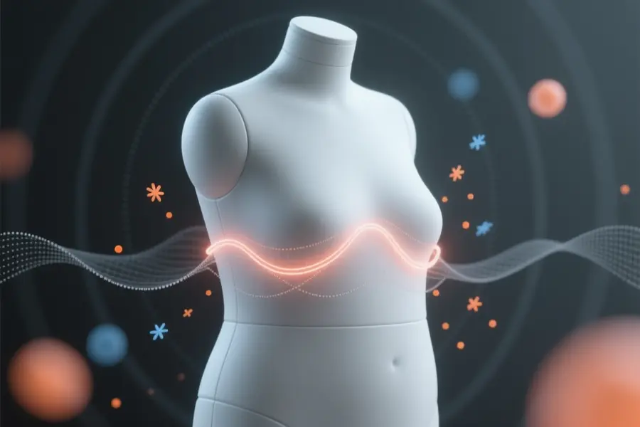 A large featureless chubby white mannequin torso with continuous glowing thread in soft coral and warm grey weaves.