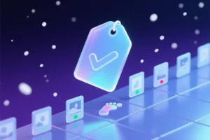 A large frosted glass tag icon engraved with a subtle checkmark floats above a curved trail of tiny square image frames.