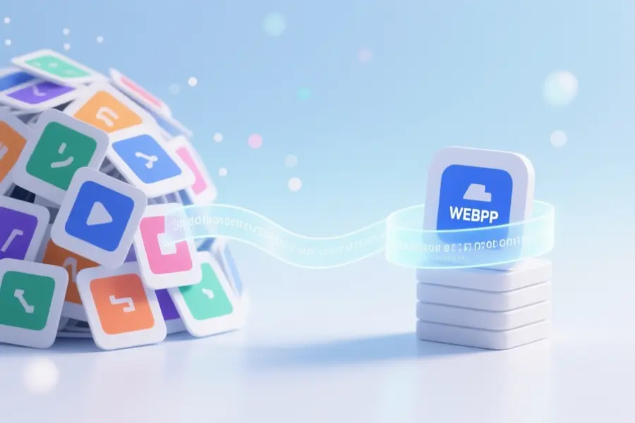 A large pile of colorful PNG thumbnails on the left gradually compresses into a smaller stack of WEBP icons on the right.