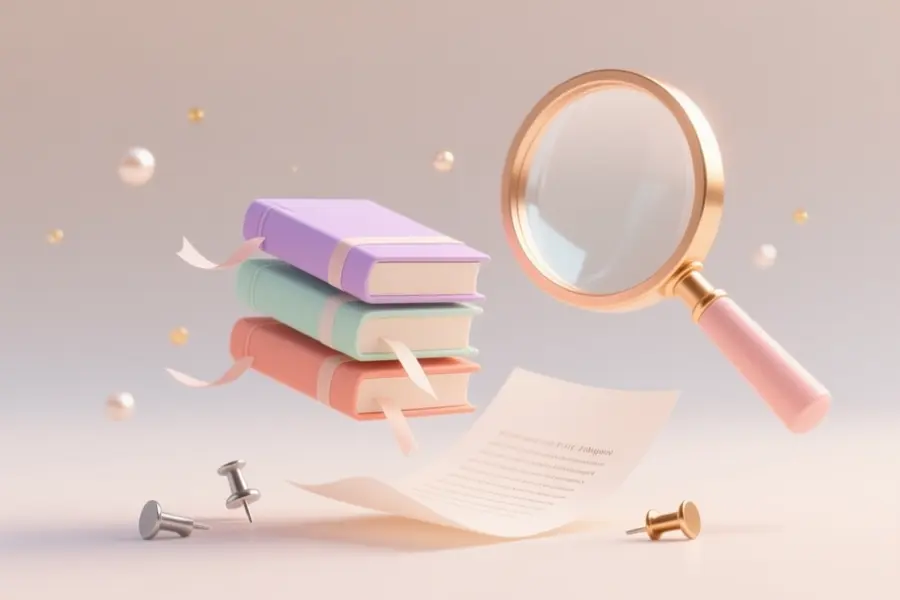 A luminous magnifying glass with a tiny vertical stack of three semi-transparent books and a small arrangement of pushpins.