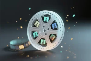 A luminous translucent small meticulously detailed film reel. The reel is crafted from brushed silver with a matte texture.