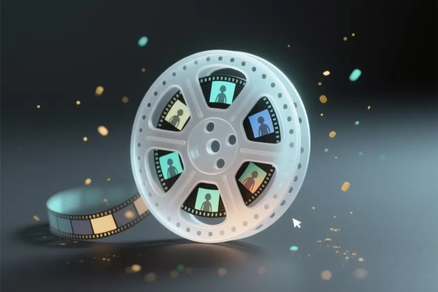 A luminous translucent small meticulously detailed film reel. The reel is crafted from brushed silver with a matte texture.