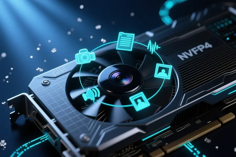 A macro shot of a single high-end GPU card that emits a delicate holographic interface.