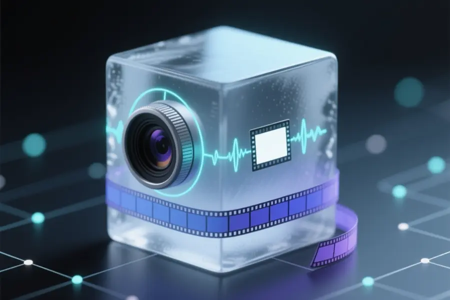 A macro view of a translucent glass video camera cube with subtle embossed volume dial with delicate tick marks and faint sound wave rings.