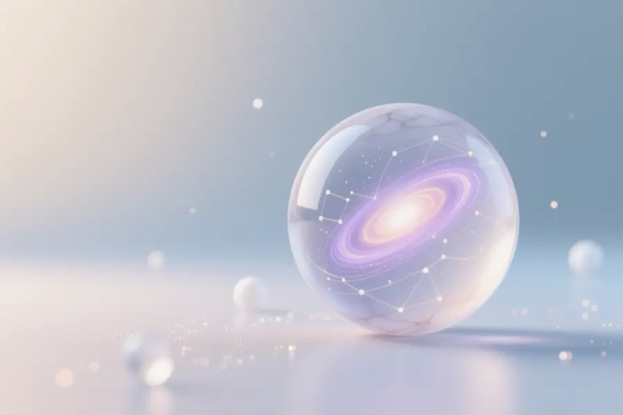A marble sphere rests on a soft matte surface that contains a swirling quiet galaxy of finely etched digital nodes.