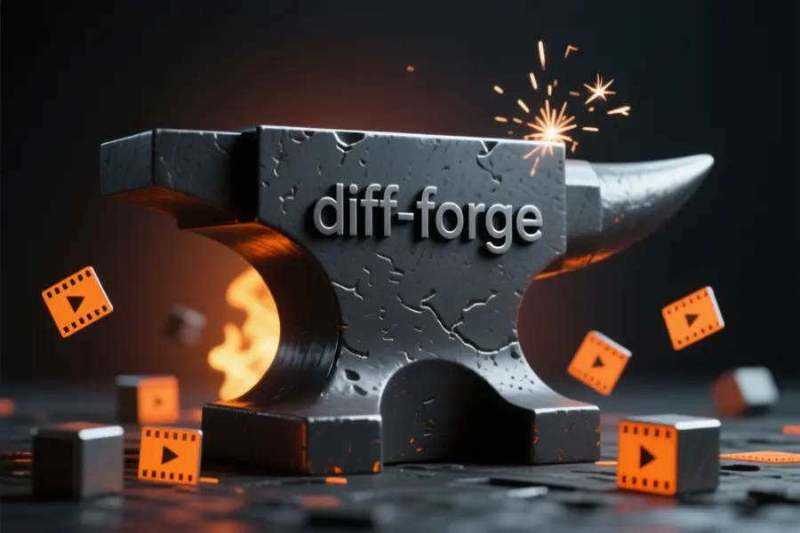 A massive dark iron anvil-like block engraved with the word diff-forge in sleek embossed letters.