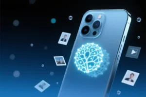A massive sleek smartphone rendered in translucent frosted glass with ghostly thumbnails of photographs.