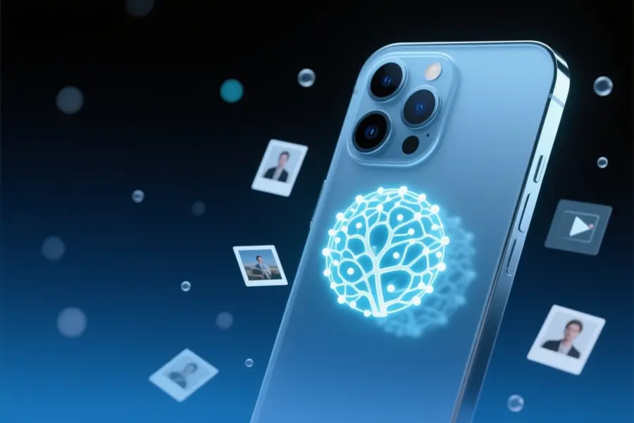 A massive sleek smartphone rendered in translucent frosted glass with ghostly thumbnails of photographs.