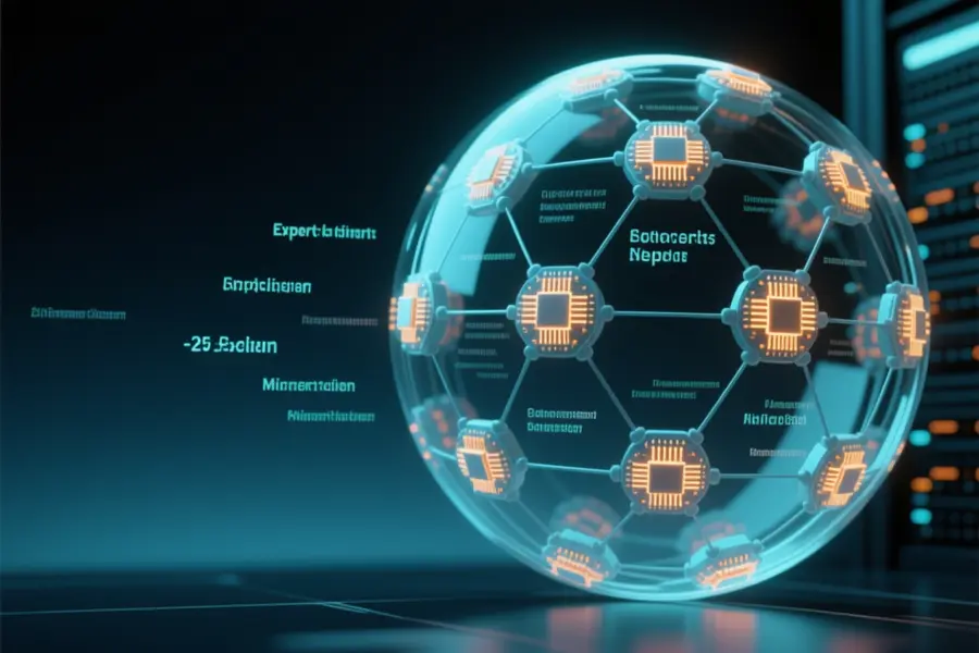 A massive translucent sphere core composed of 25 interconnected expert nodes each node a glowing cluster of micro-circuits.