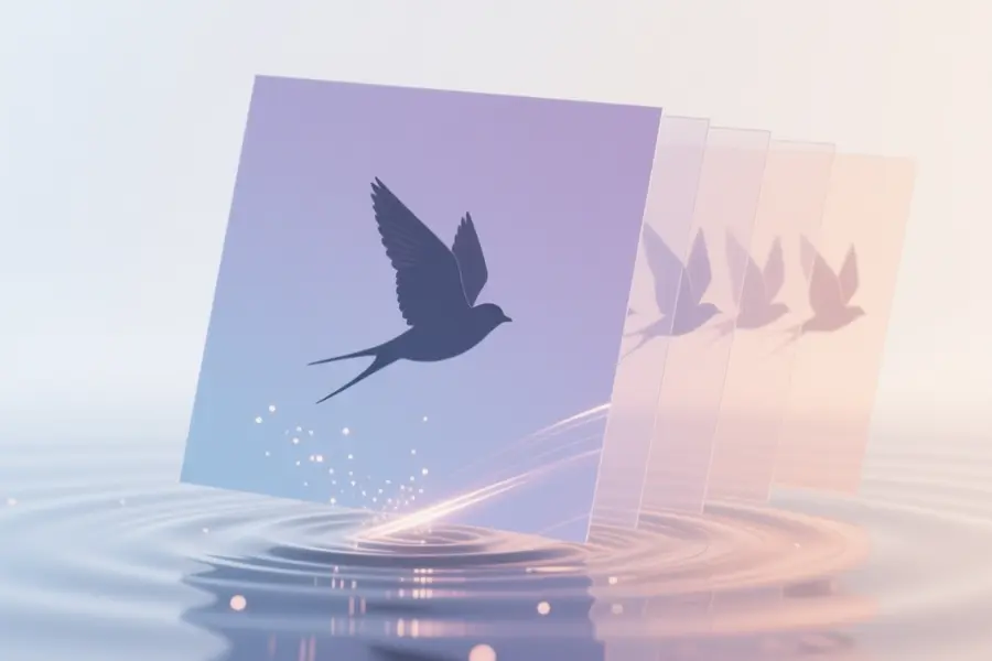 A matte photograph floats above a smooth glassy liquid surface showing a simple silhouette of a bird mid-flight.