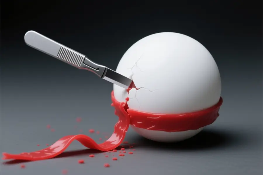 A matte white sphere with precise surgical scalpel with a brushed titanium handle is making a delicate exact incision.