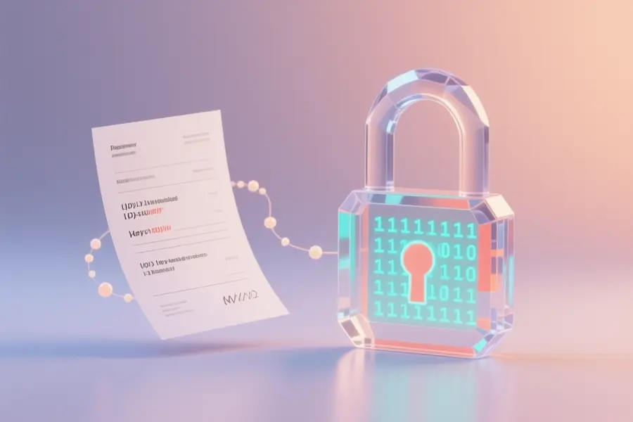 A minimal composition against a soft gradient backdrop featuring crystalline padlock icon and a paper invoice.