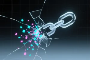 A minimalist composition featuring a single shattered chain link made of glass.