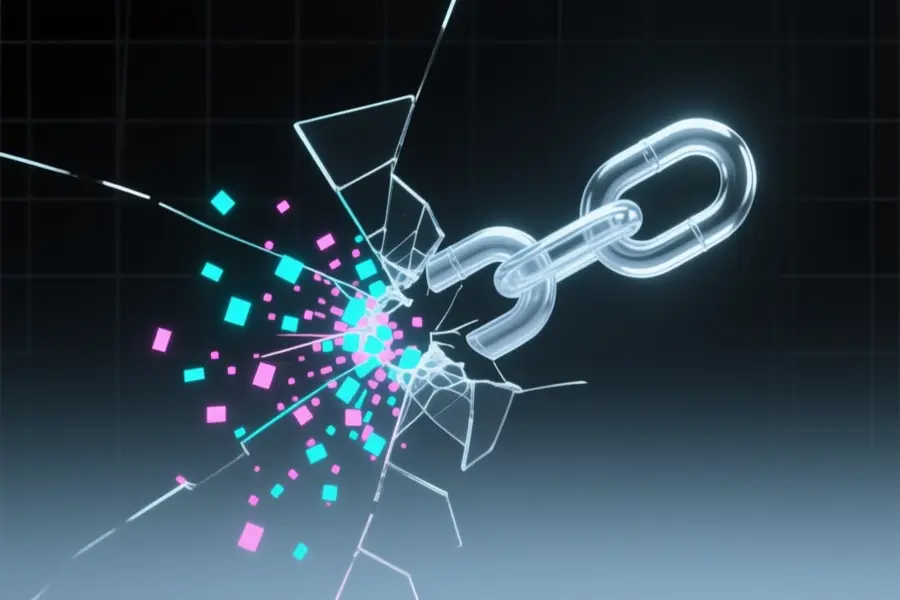 A minimalist composition featuring a single shattered chain link made of glass.
