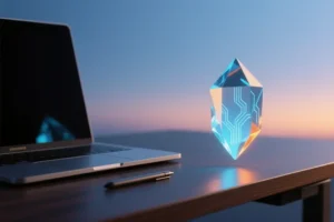 A minimalist desk scene with a translucent multifaceted crystal next to a modern laptop.