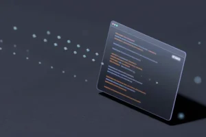 A minimalist digital composition featuring a transparent terminal emulator window floating on the right side against a matte charcoal background.