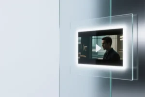 A minimalist digital composition of a softly glowing video frame displays a cinematic scene.