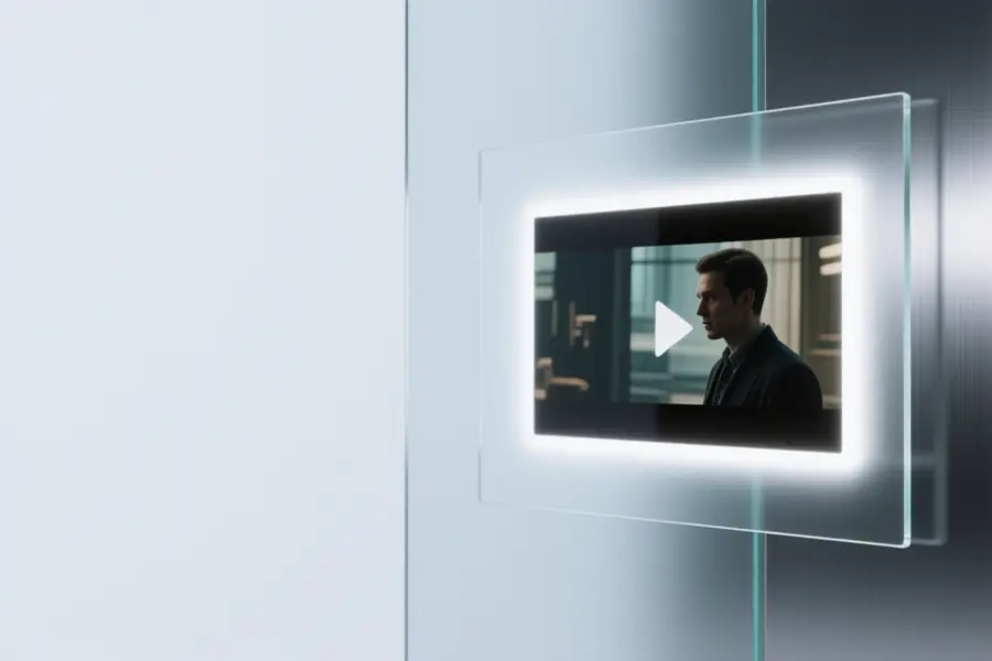 A minimalist digital composition of a softly glowing video frame displays a cinematic scene.