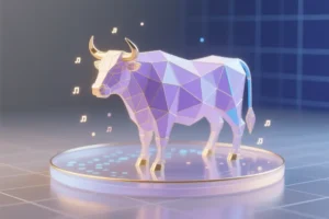 A minimalist digital sculpture of a geometric bull crafted from delicate translucent wireframe polygons.