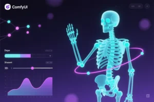 A minimalist digital workspace view with a stylized translucent humanoid skeleton figure composed of soft neon cyan lines and glowing joints.