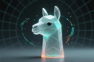 A minimalist geometric llama head made of translucent frosted glass and delicate silver wireframe polygons.