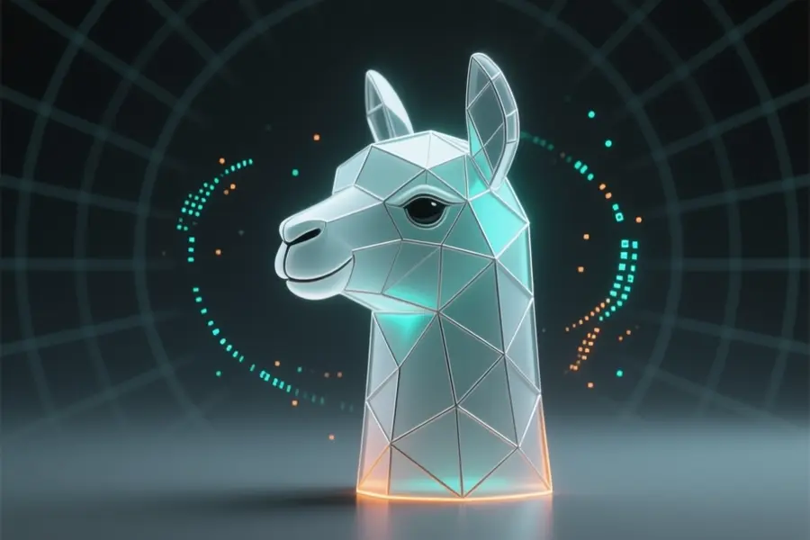 A minimalist geometric llama head made of translucent frosted glass and delicate silver wireframe polygons.