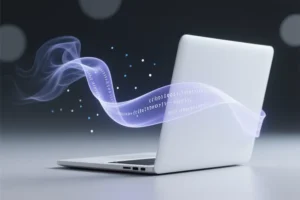 A minimalist matte white laptop features a flowing ribbon of translucent code strands of indigo and pale lavender.