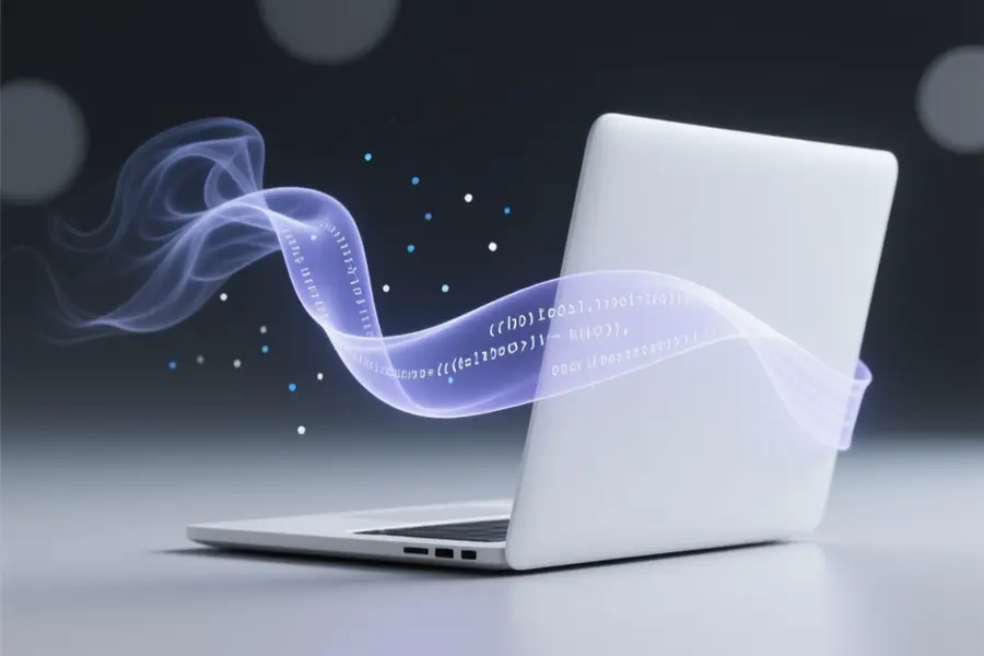 A minimalist matte white laptop features a flowing ribbon of translucent code strands of indigo and pale lavender.