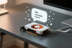 A minimalist residential desk from a 45-degree angle rests a single unplugged GPU card.