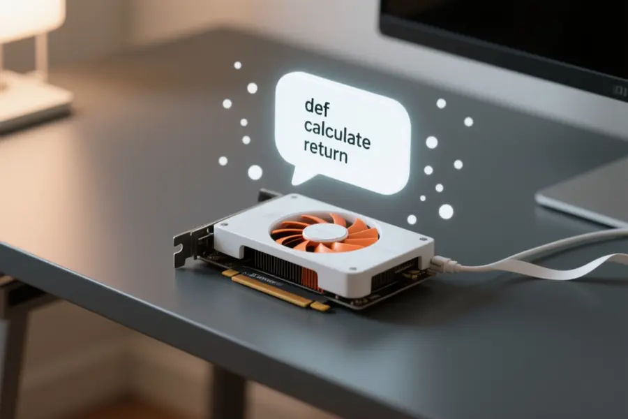 A minimalist residential desk from a 45-degree angle rests a single unplugged GPU card.
