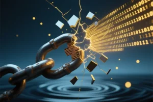 A monolithic chain link constructed of dark brushed steel with violently cracked open by a golden luminous digital matrix.