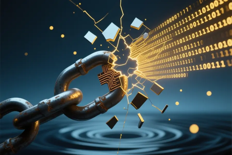 A monolithic chain link constructed of dark brushed steel with violently cracked open by a golden luminous digital matrix.