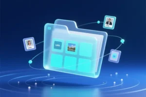 A monumental translucent folder icon floats built from interconnected digital panels.