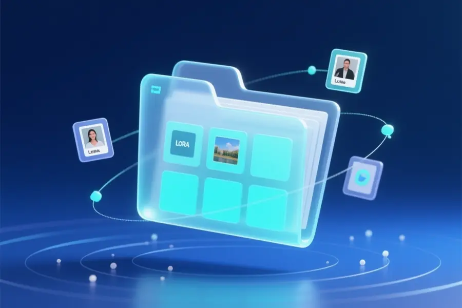 A monumental translucent folder icon floats built from interconnected digital panels.