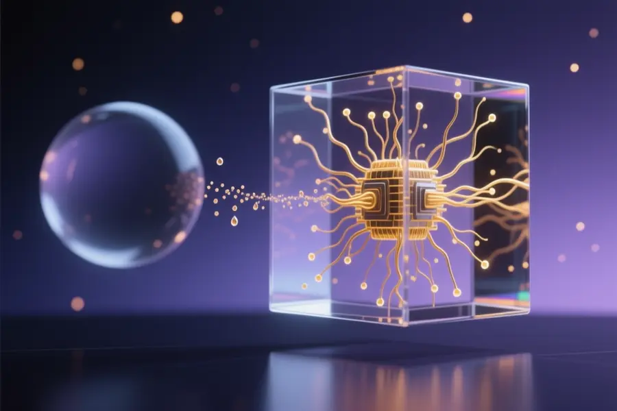 A perfectly clear glass cube hovers just above a smooth dark surface with an intricate network of hair-thin gold filaments.