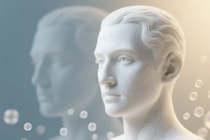A pristine white alabaster bust of a human head and shoulders with its surface completely covered with an intricate network of etched lines.