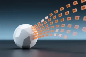 A pristine white geometric sphere with hundreds of small translucent orange rectangular tokens exploding outwards.