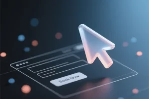 A semi-transparent cursor arrow icon sculpted from layered frosted glass hovering above a wireframe-like web page render.