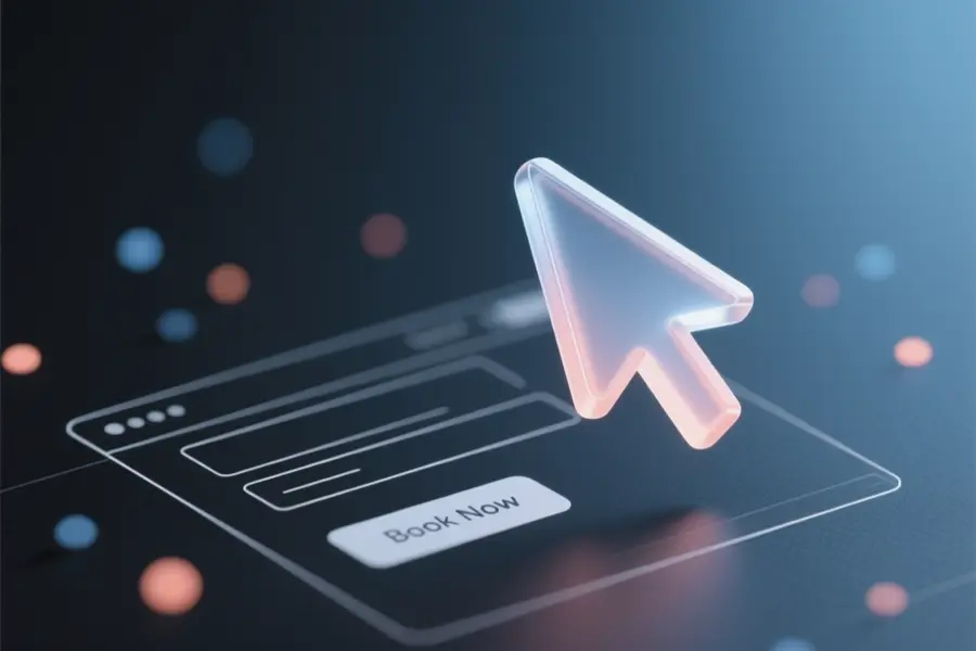 A semi-transparent cursor arrow icon sculpted from layered frosted glass hovering above a wireframe-like web page render.