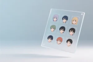 A semi-transparent frosted glass panel with 9 small squares of anime portraits.