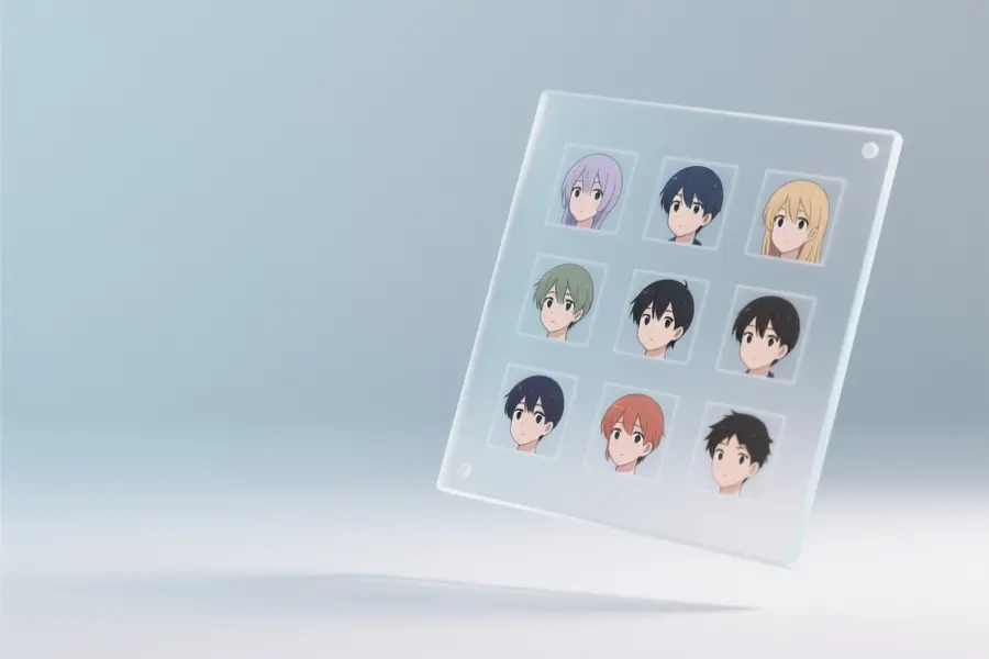 A semi-transparent frosted glass panel with 9 small squares of anime portraits.