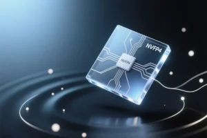 A single floating translucent geometric tile resembling a polished sapphire chip with tiny NVFP4 label.