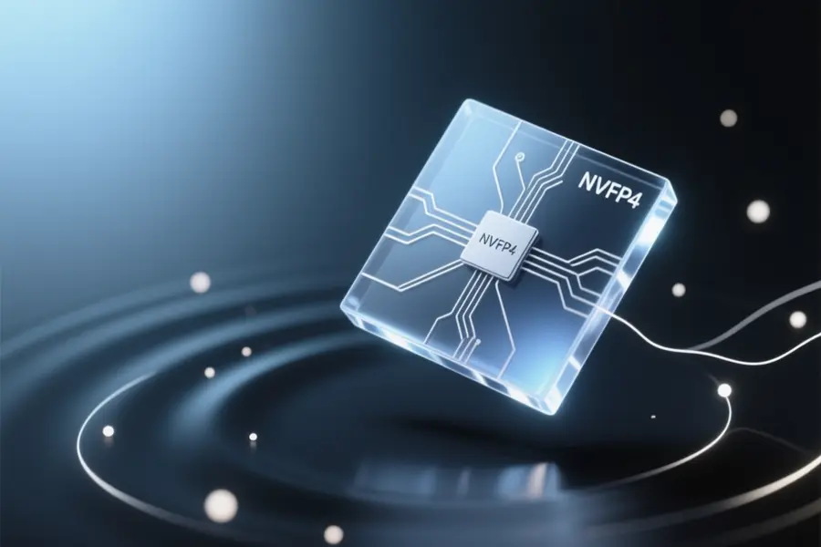 A single floating translucent geometric tile resembling a polished sapphire chip with tiny NVFP4 label.