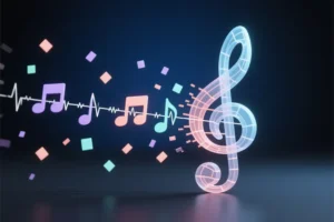 A single geometric musical note shape composed of thin glowing lines in soft coral and pale blue.