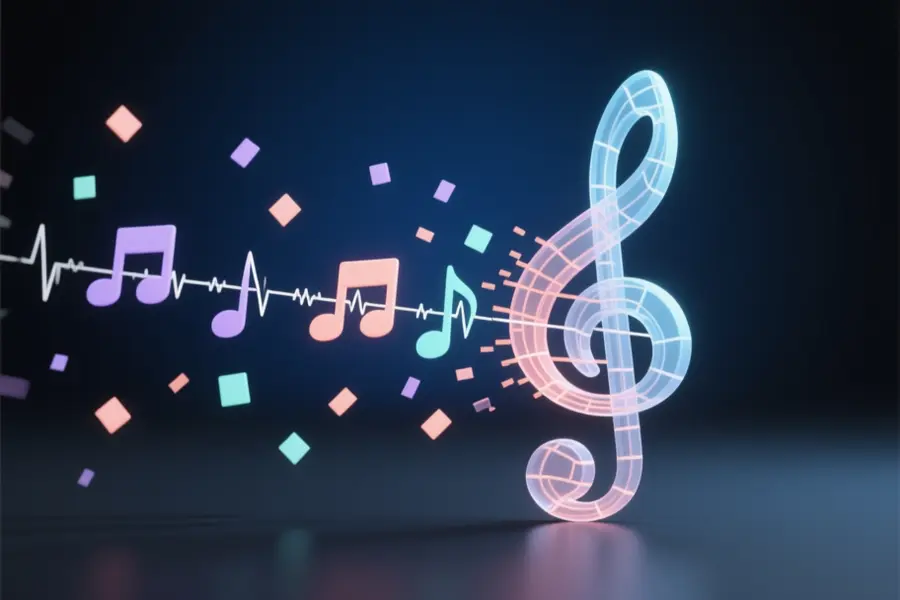 A single geometric musical note shape composed of thin glowing lines in soft coral and pale blue.