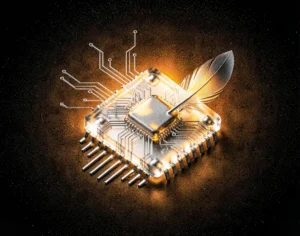 A single glowing AMD chip die made up of a luminous volumetric liquid metal with feather-like metallic vanes extruding outward.