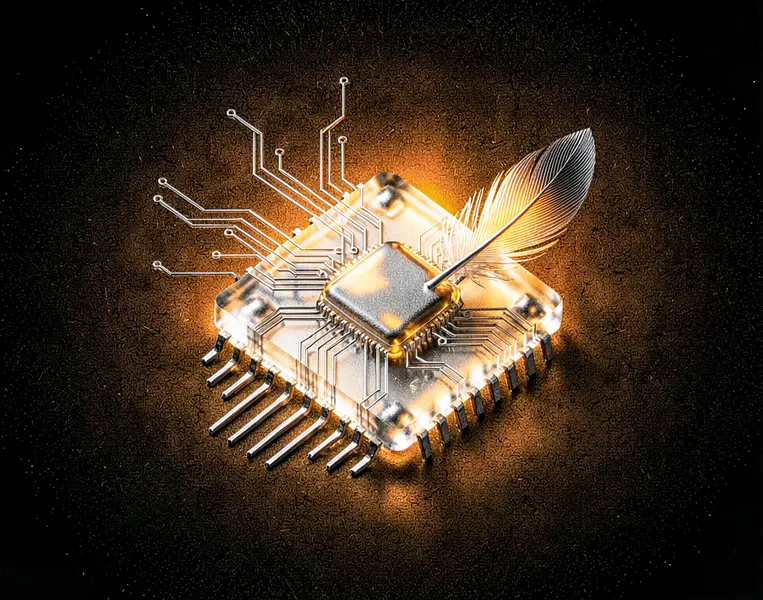 A single glowing AMD chip die made up of a luminous volumetric liquid metal with feather-like metallic vanes extruding outward.